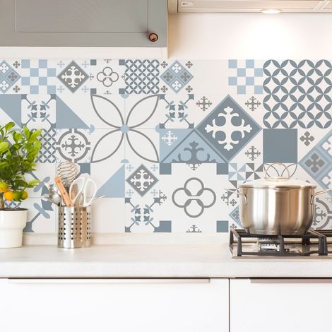 Crédence cuisine en aluminium - effet carreaux de ciment bleu - 360x50 cm (en 3 bandeaux) (1/5)