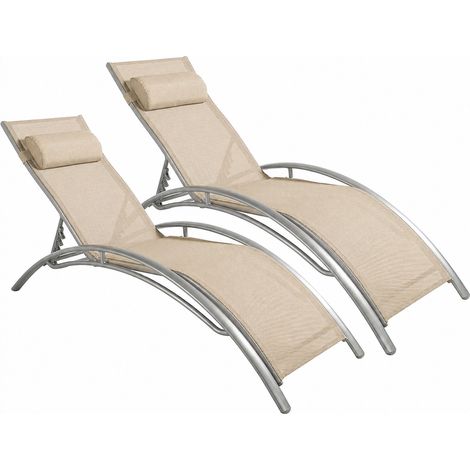 Set 2 Lettini Prendisole Reclinabili Da Giardino Con Schienale Regolabile 5 Posizioni In Textilene Traspirante Per Piscina Terrazza Relax Outdoor 59 x 158 x 81.5 Cm Beige