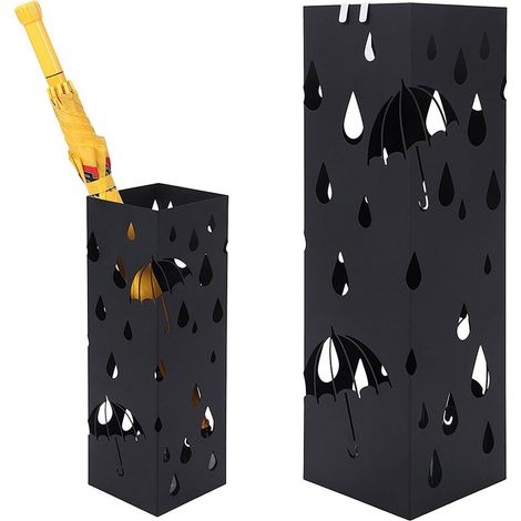 BAKAJI Portaombrelli Stand in Ferro Design Porta Ombrelli Forma Quadrata Colore Nero con Decorazione Intarsio Ombrelli e Gocce Vaschetta Salvagoccia e Ganci Ombrelli Pieghevoli - 49 x 15 x 15 cm (1/5)