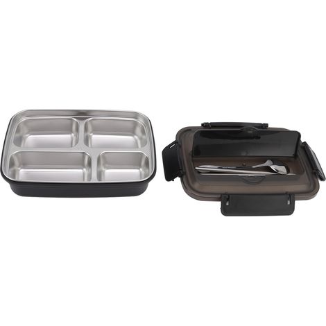 Lunchbox aus Edelstahl 304 mit 4 Fächern – Tragbare, geruchsdichte Bento-Box für Schüler und Erwachsene – Schwarze Aufbewahrungs-Lunchbox (1/5)