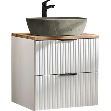 Badmöbel Waschtisch Unterschrank Set 60 cm matt weiß mit Wotaneiche, 2 Softclose Schubkästen, Keramik-Waschbecken Betonoptik (1/5)