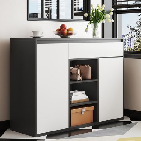 Scarpiera 105x39.5x86 cm nera e bianca in pannello truciolare con LED, 2 ante e 1 cassetto (1/5)