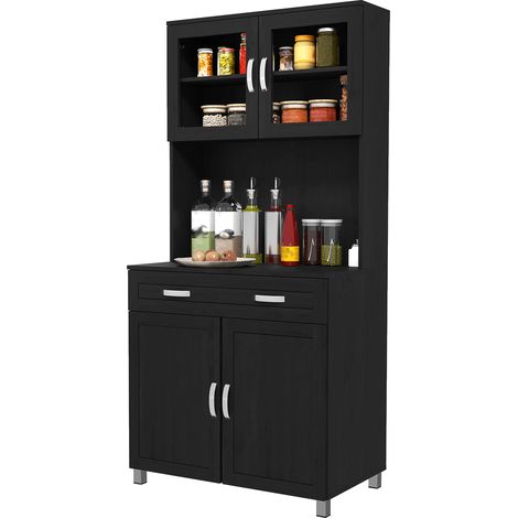 Hohes Küchen-Sideboard mit 4 Türen, Schublade, Arbeitsplatte und verstellbaren Einlegeböden, 80 x 48 x 170 cm, schwarz
