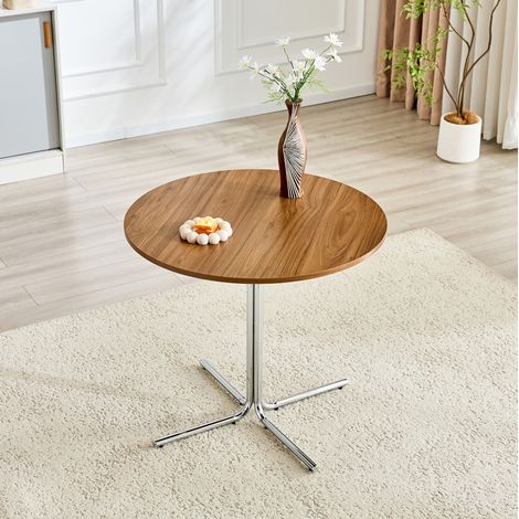 Table d’appoint ronde en MDF et métal chromé, finition noyer et argent, gain de place (1/5)