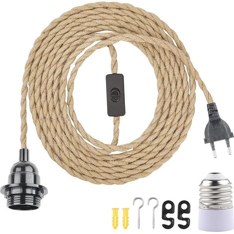 Douille de Lampe E27 Vintage avec Interrupteur et Câble 6m en Corde de Chanvre Tressée Vintage Anneau à Vis pour DIY Lampe Suspension Lumière Pendante Industrielle pour Salon Chambre Bar (1/5)