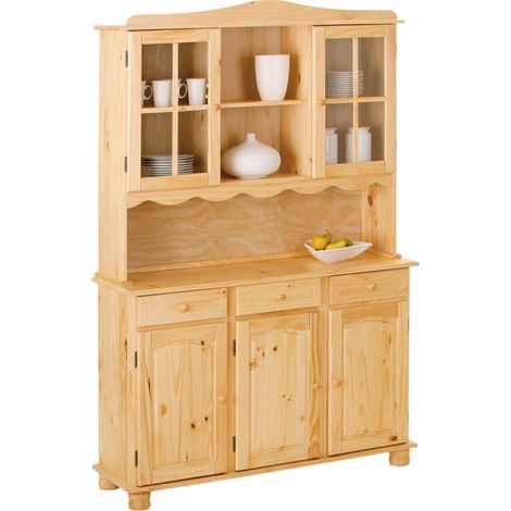 Altobuy – Buffet vaisselier 5 portes 3 tiroirs en pin massif vernis – Dimensions 130 x 43/32 x H198 cm – Portes vitrées pour exposition