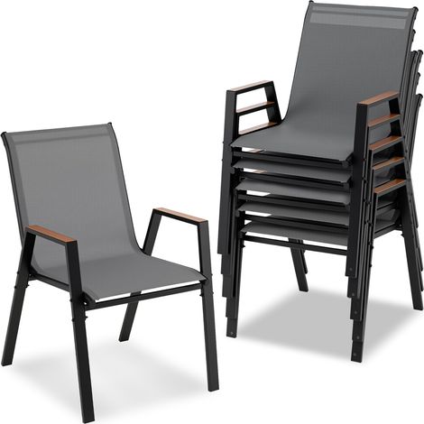 Lot de 6 Chaises de Jardin Extérieur, avec Dossier, Chaise Empilable, Accoudoirs, Cadre en Métal, Charge 180KG pour Terrasse, Patio, Gris (1/5)