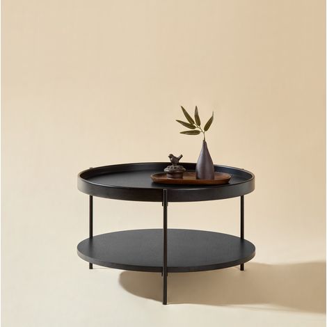 Table basse ronde 69x69x38 cm noire en bois massif et MDF avec double plateau (1/5)
