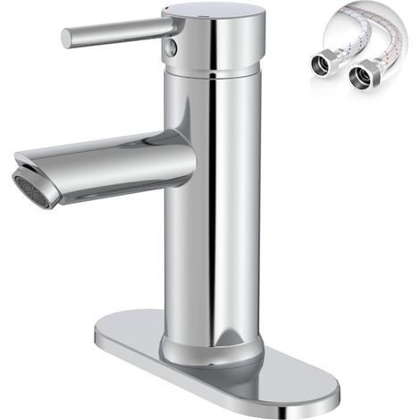 Mitigeur lavabo chrome 1 trou – Moderne, poignée unique – Laiton – Avec rosace et flexibles – Salle de bain (1/5)