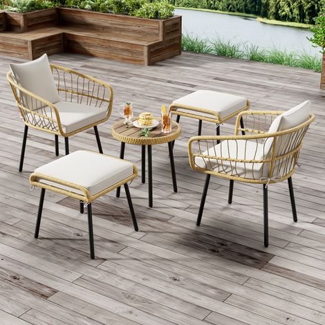 5-teiliges Gartenmöbelset aus Rattan und Naturholz, bestehend aus 1 Esstisch, 2 Stühlen und 2 Hockern, für den Gartenbalkon im Freien