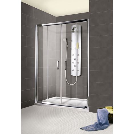 Porte de douche coulissante 120 x 185 cm, verre 6 mm, 4 éléments, profilé aspect chromé, Impériale, Schulte