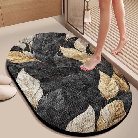 Tapis de bain en terre de diatomée luxueux – Forme ovale irrégulière, absorption rapide, antidérapant, résistant aux taches et à l’usure, design 3D élégant (50 x 80 cm, motif feuilles dorées)-lsw