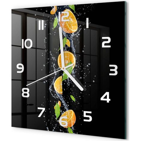 Horloge Murale Carrée Chambre Silencieuse en Verre Sans Tic-Tac Design Moderne Oranges et eau 30x30 cm (1/5)