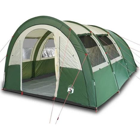 Tente de camping tunnel verte imperméable, adaptée à 4 personnes.