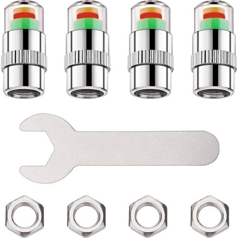 Reifendruckkontrollsystem-Ventilkappen, 4 Stück universelle Reifendrucksensor-Ventilkappen + 4 Stück Diebstahlsicherungsmuttern + Schlüssel, 3-Farben-Monitor