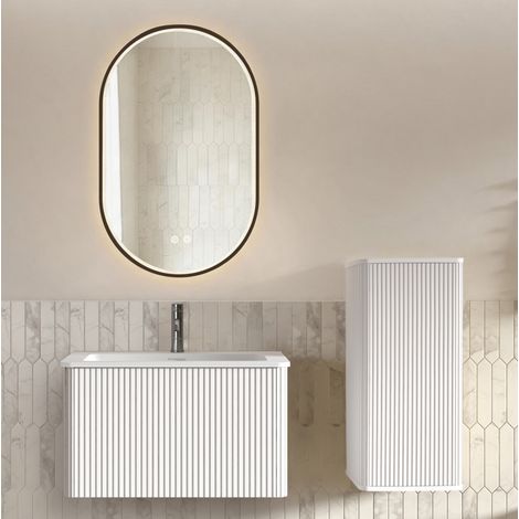 Badmöbel-Set 80 cm mit Waschbecken, LED-Spiegel und Seitenschrank, wandhängend, Weiß, MODENUIT (1/2)