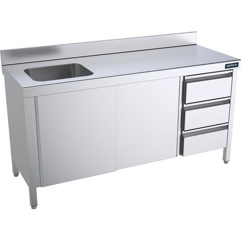 Table de Travail Inox avec Portes, Tiroirs et Bac à Gauche - Gamme 600 - Distform