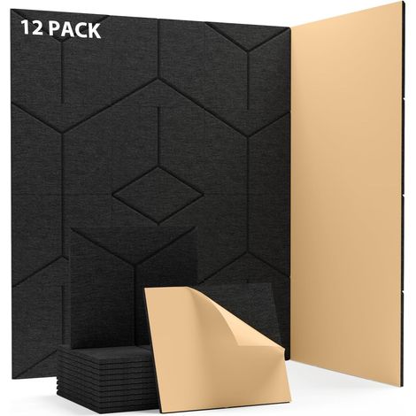 Lot de 12 panneaux acoustiques auto-adhésifs, panneaux muraux insonorisants, panneau absorbant le son en polyester haute densité, 30 x 30 x 0,9 cm (1/5)