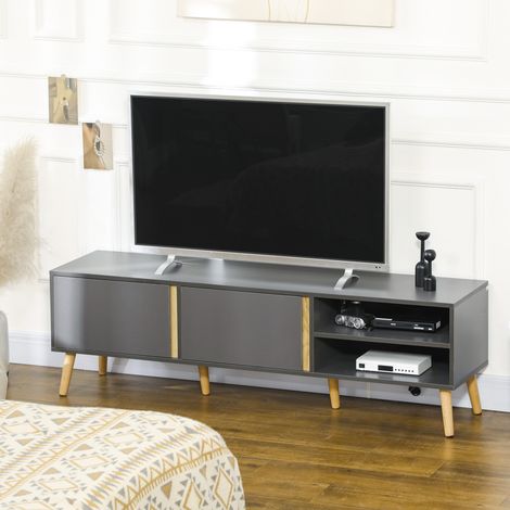 Meuble TV pour télévision jusqu'à 55 pouces scandinave 2 portes 2 niches avec passe-câbles 150 x 35 x 45 cm gris foncé (1/5)