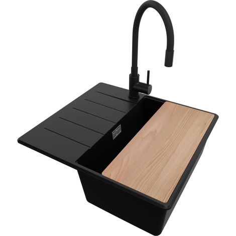 PRIMAGRAN Evier Cuisine en Granit 55x50cm, Lavabo 1 bac + Robinet 40x38cm + Kit de Vidage + Accessoire, Évier à Encastrer au meuble 40cm - Copenhague, Noir (1/5)