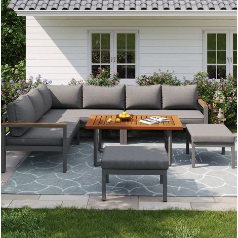 Ensemble de mobilier de jardin 8 places en métal galvanisé et polyester gris foncé, 3 banquettes, 2 fauteuils, 1 table, pieds réglables (1/5)