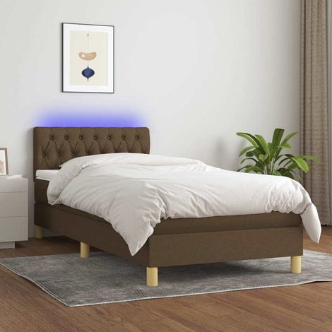 Cama box spring con colchón LED tela marrón oscuro 100x200 cm (1/5)