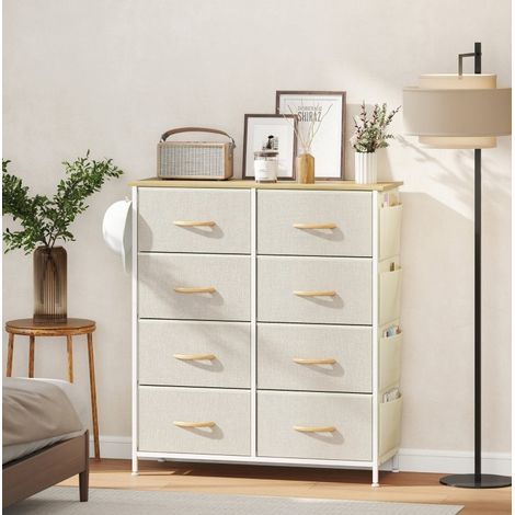 Commode de chambre à 8 tiroirs en tissu, structure en acier, plateau effet bois, beige (1/5)