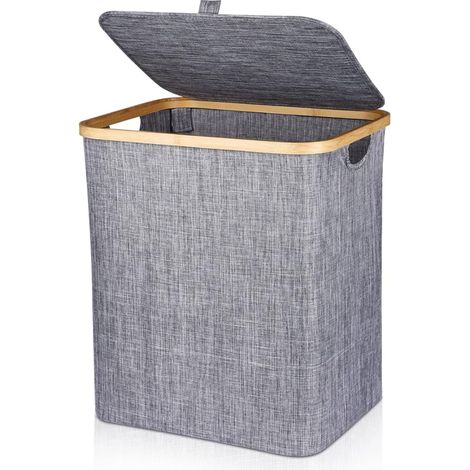 Panier à Linge 60L Corbeille à Linge Pliable Panier à Linge Bambou Boîte à Linge Couvercle Poignée Panier à Linge Sale Rectangulaire Vêtements 40X33X45CM Gris Foncé (1/5)