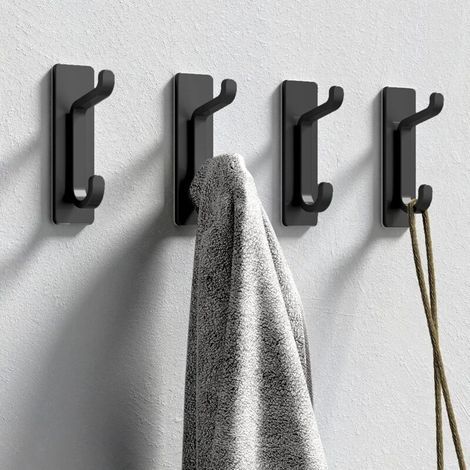 Adhesive Wall Hook, Bathroom Towel Rack, Kitchen Dishcloth Hook, Adhesive Coat Rack, No Drilling Required Wall Mount, Waterproof, Rustproof, Black, 4 Pieces (1/5)