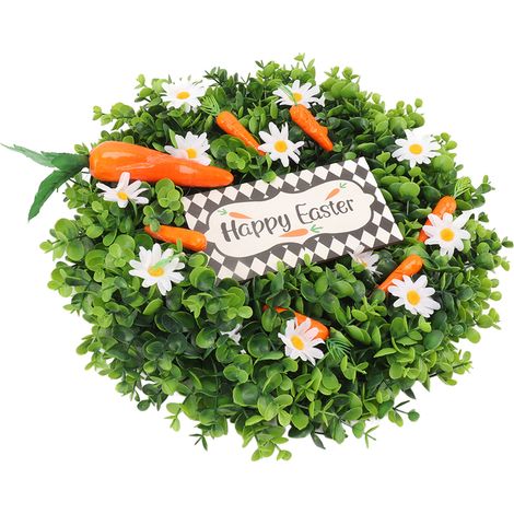 Couronne de Pâques avec carottes et marguerites artificielles réalistes, feuilles vertes, décoration pour porte d'entrée ou mur. (1/5)