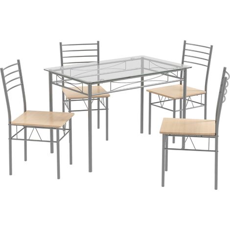 Set da pranzo 5 pezzi in vetro con 1 tavolo rettangolare e 4 sedie, Set da pranzo con struttura metallica (1/4)