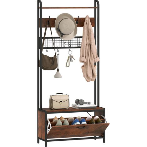 Shoe Storage Bench with Grid Panel, Hall Tree, 5-in-1 Industrial Coat Rack Stand with Shoe Cabinet and 10 Hooks for Hallway, Entryway & Living Room