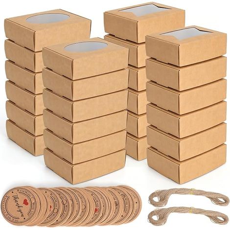 24 Pieces Kraft Paper Boxes with Transparent Window, Biscuit Box, Reusable Small Boxes with Labels and String for Biscuits, Chocolates, Jewellery Packaging (9.5 x 7 x 3 cm) (1/5)