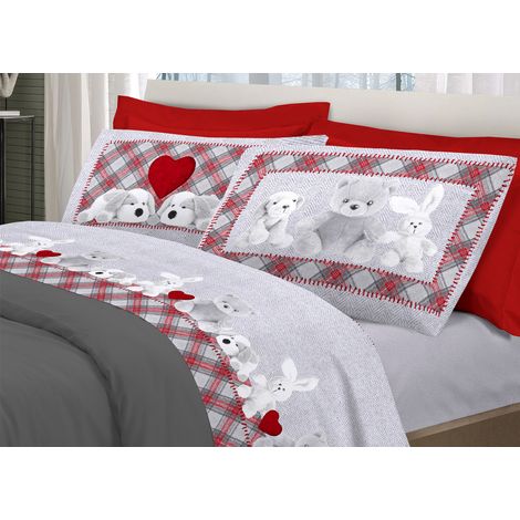 Completo Lenzuola Flanella Pensieri Delicati 100% Cotone Dis. Peluches Grigio, misuraPiazza E MezzacoloreGrigio