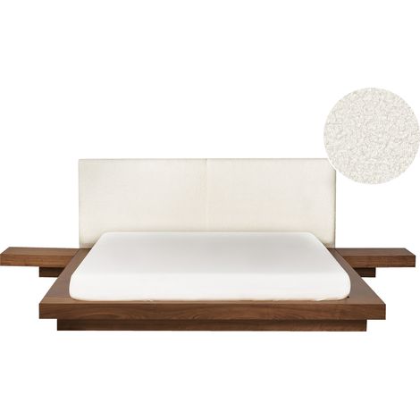 Cama moderna con plataforma mesitas de noche cabecero de bouclé madera de fresno marrón 160 x 200 cm Zen