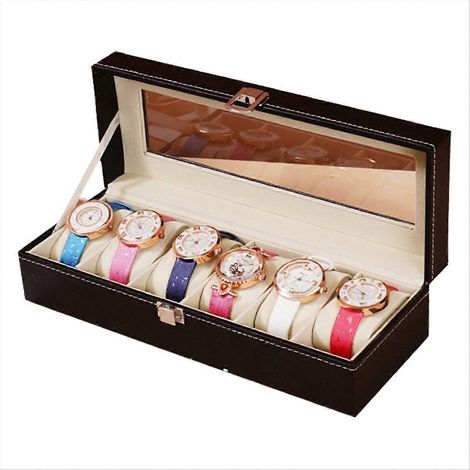 Boîte à montres en cuir, boîte de rangement pour montres, boîte d'exposition pour montres, coffret de décoration intérieure, coffret cadeau raffiné et sobre à 6 compartiments (1/5)