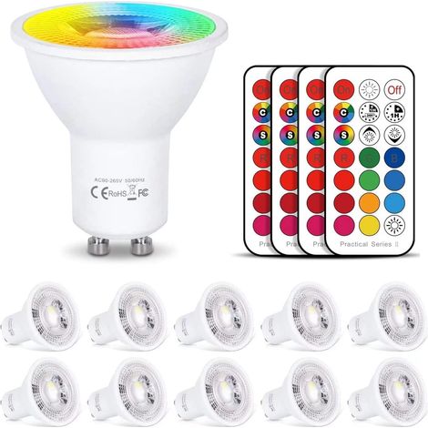 Ampoule GU10 LED Couleur Changement 6W Dimmable Spot Bulb RVB + Blanc Chaud 2700K,12 Couleurs avec Télécommande, AC85-265V, pour Applique, Rail Track, Plafonnier Encastré (paquet de 10) (1/5)