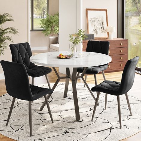 Ensemble table et chaises 5 pièces rond, 100 x 100 cm, effet marbre blanc, MDF et métal noir HAVRYA (1/5)