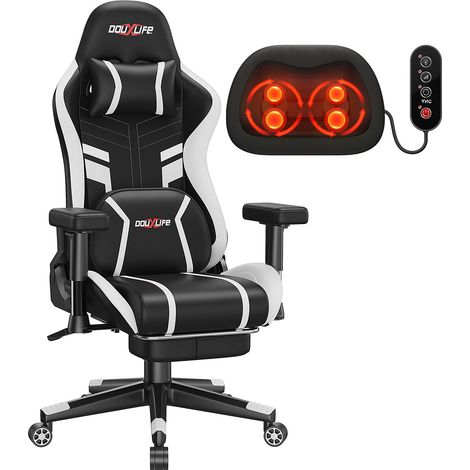 Gaming-Stuhl, ergonomisch Bürostuhl mit Knetmassage- und Heizfunktion, hoher Rückenlehne, Lendenwirbelstütze mit Fußstütze, gepolsterte 2D-Armlehnen verstellbar,Schwarz+Weiß