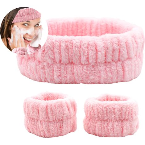 Lot de 3 bandeaux de spa, pour le visage, le poignet, absorbants, pour le visage, élastiques, pour le lavage du visage, rose