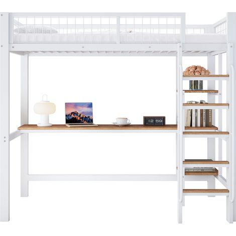 CHICFURN Cama alta 90x200 cm de metal y MDF blanco y natural con escritorio y estantes (1/5)