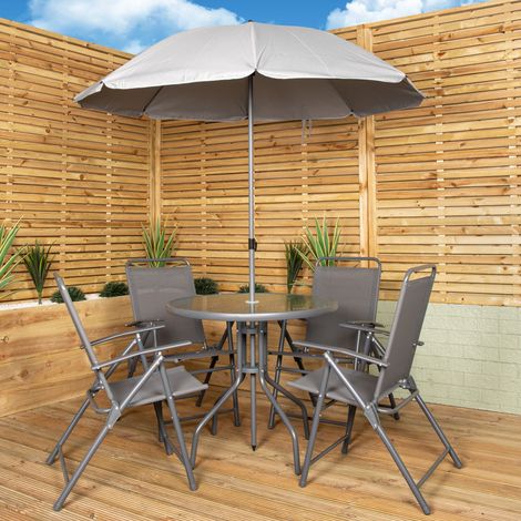 Samuel Alexander Outdoor 4 Seater Round Glass Top Table and Chairs Patio Set with Parasol in Grey (1/5)