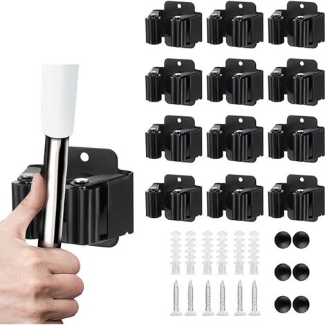 Lot de 12 supports muraux pour balais et serpillères organisateur robuste en acier inoxydable pour outils de jardin (râteaux, pelles) fixation murale par vis incluse (1/5)