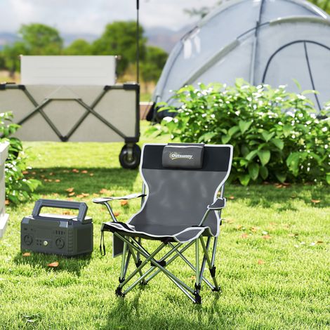 Chaise de camping pliante avec repose-pieds amovible, porte-gobelet et poche latérale, 82 x 100 x 88 cm, grise (1/5)