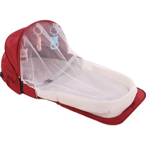 Lit bébé portable en coton doux, pliable et avec moustiquaire rouge, idéal pour les voyages. (1/5)