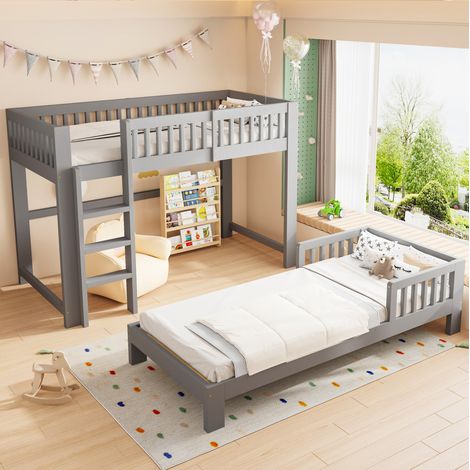 MODFU – Letto a castello per bambini modulare 90x200 cm in legno con configurazioni multiple, barriere alte e 2 reti a doghe – Grigio (1/5)