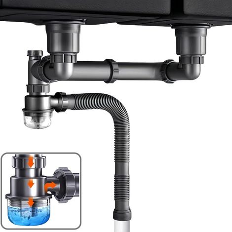 Kit de drainage pour évier double bac – Acier inoxydable 201 – Tube flexible extensible – Anti-odeurs – Installation gain de place – Complet (1/5)