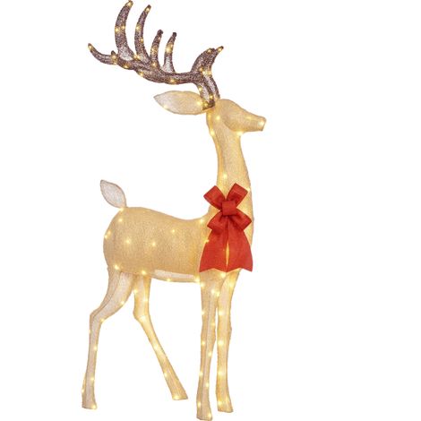 Reno navideño luminoso, adorno navideño de acero con forma de reno luminoso, con 137 LED blancos cálidos, 66 x 25 x 135 cm, color dorado. (1/5)