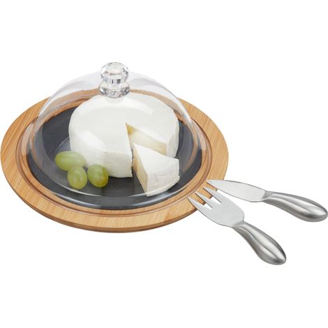 Relaxdays Cheese Bell with cheese board, steel cheese cutlery, cheese knife, cheese fork, serving plate, bamboo, slate, natural
