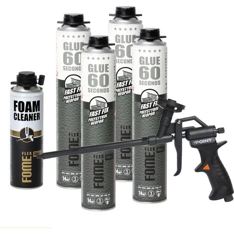 Lot de 4 mousses adhésives polyuréthane FOME FLEX Fast Fix 60 s 850 ml + pistolet POINT BLACK + nettoyant FOME FLEX Foam Cleaner 500 ml (1/5)